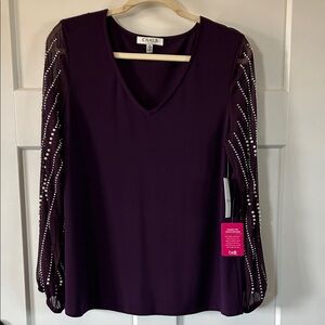 Chaus Majestic Wine Blouse with Beaded Sheer Sleeves